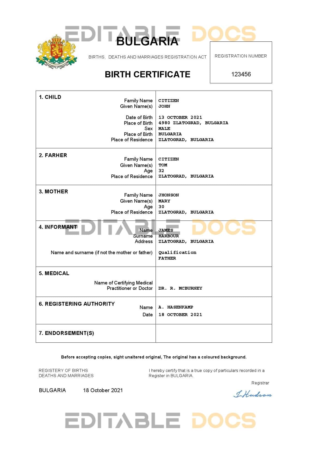 Bulgaria-birth-certificate.jpg Bulgaria vital record birth certificate Word and PDF template