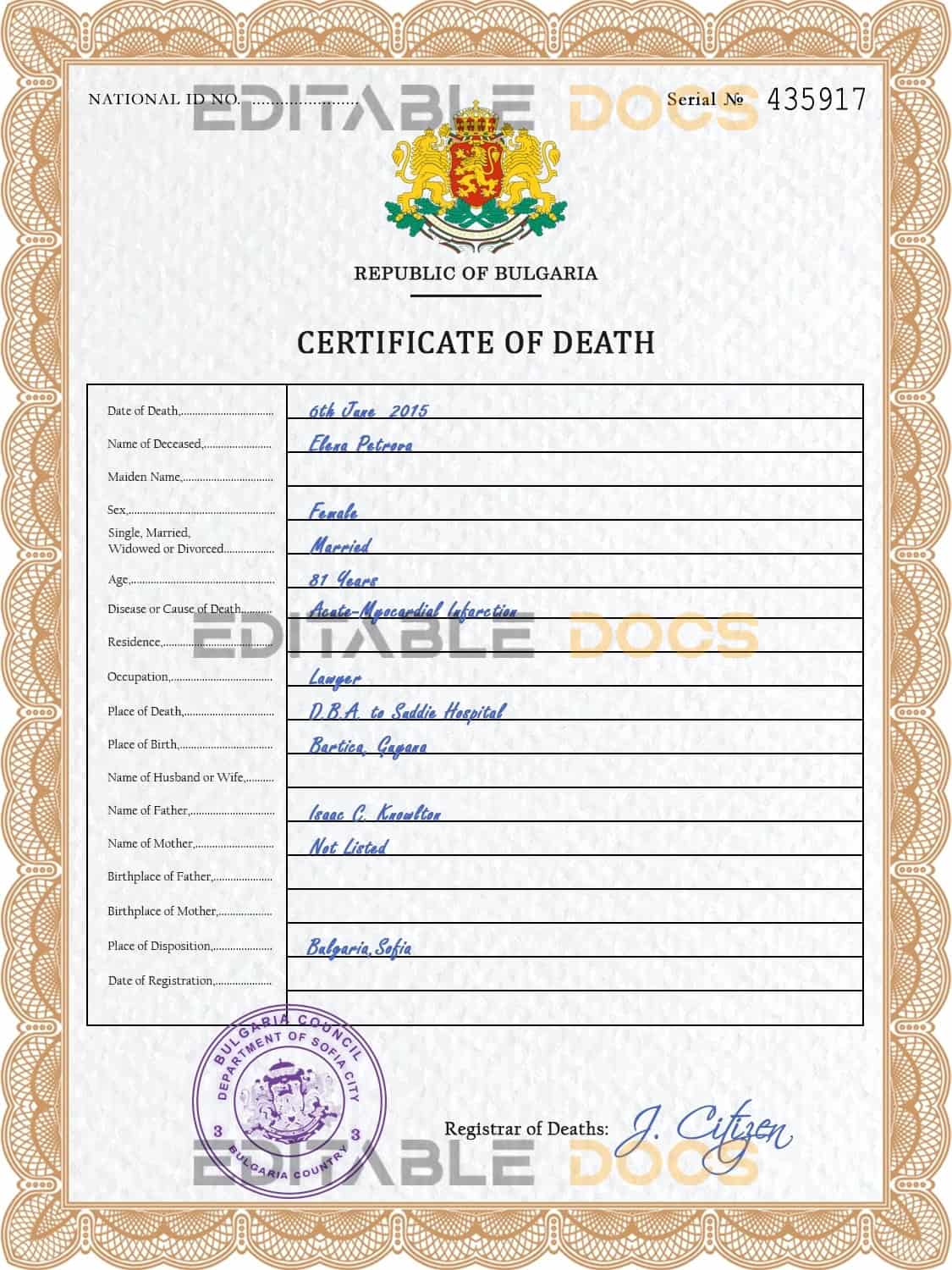 Bulgaria death certificate PSD template