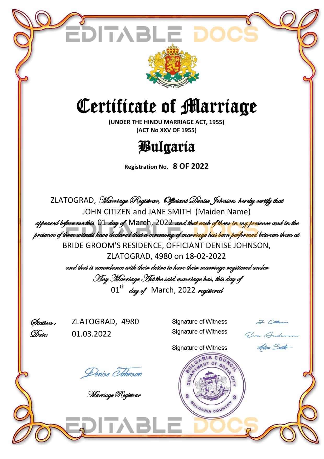 Bulgaria Marriage Certificate Editable PDF Templates Bulgaria Marriage Certificate Editable PDF Templates