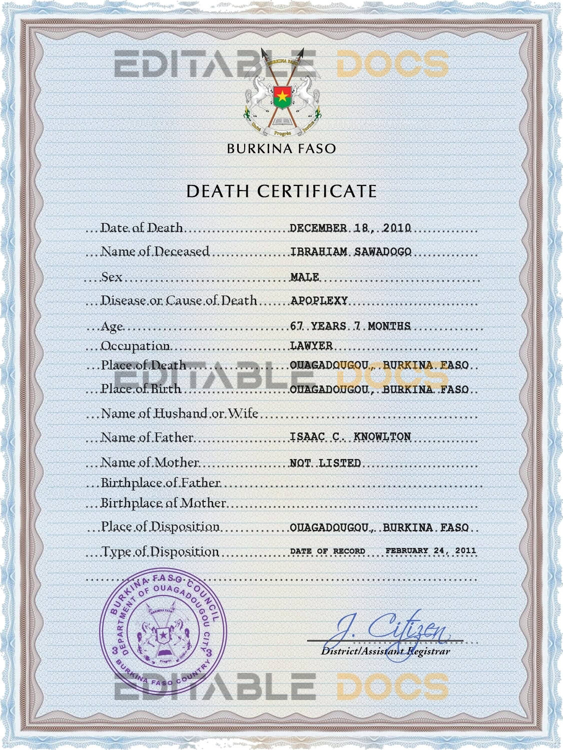 Burkina Faso vital record death certificate PSD template