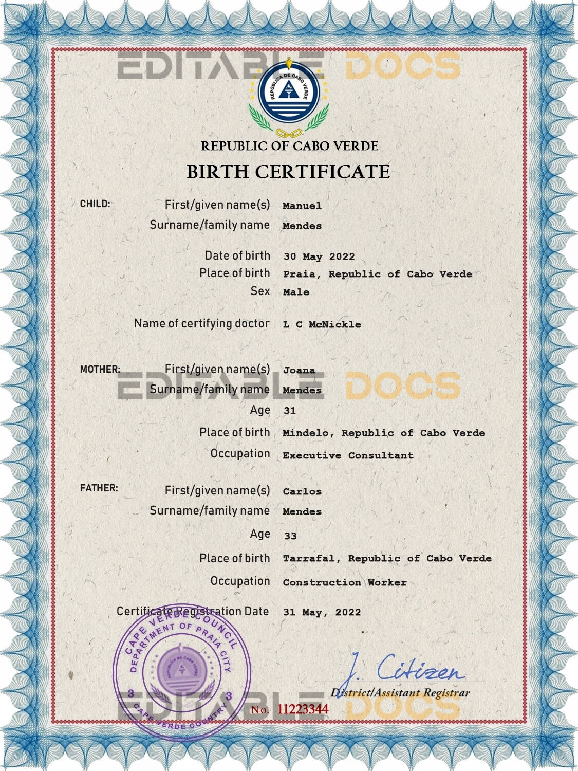 Cabo Verde vital record birth certificate PSD template Authentic Cabo Verde Birth Certificate Template | Customize and Download Online