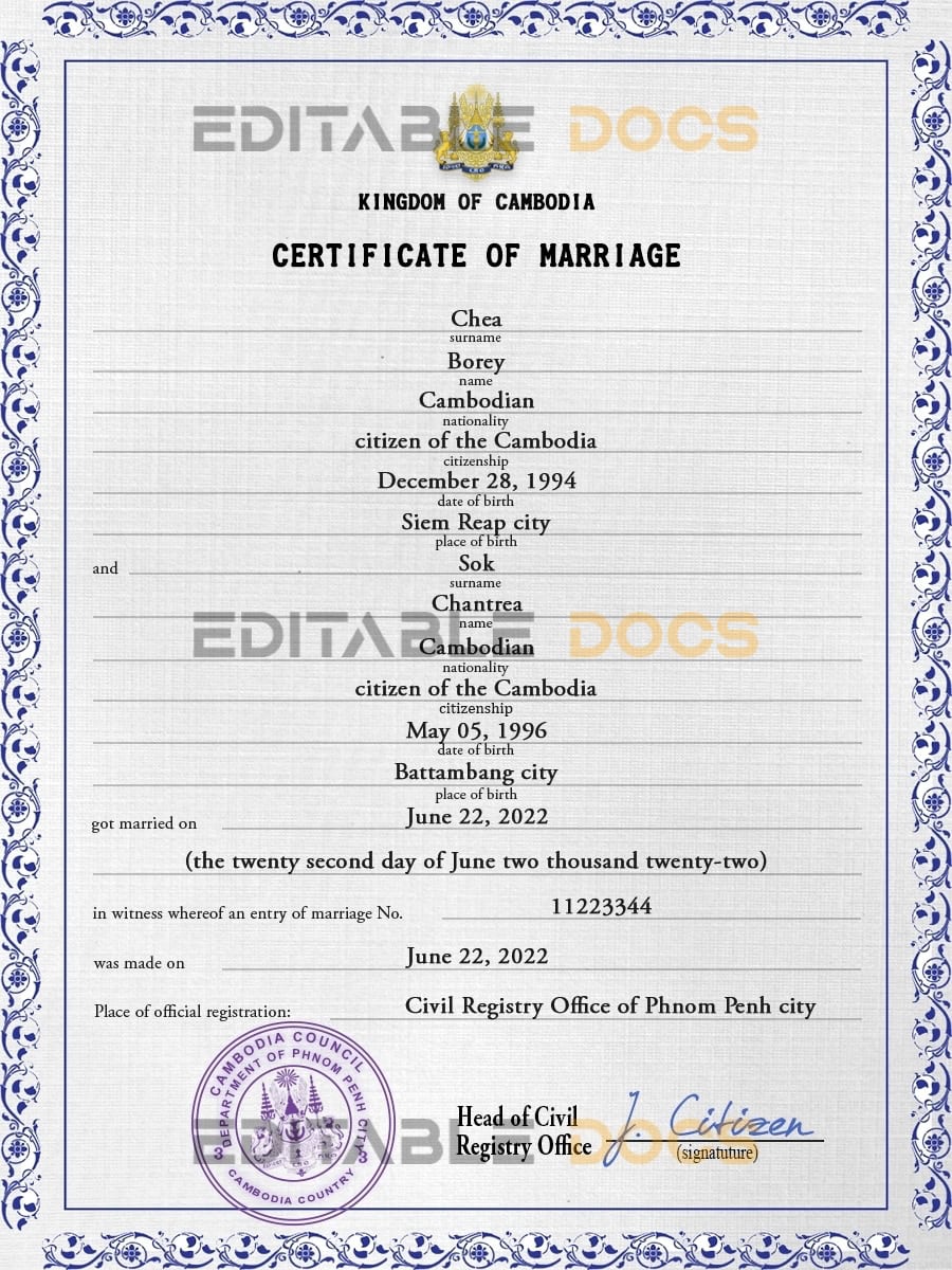 Cambodia Marriage Certificate Editable PSD Templates