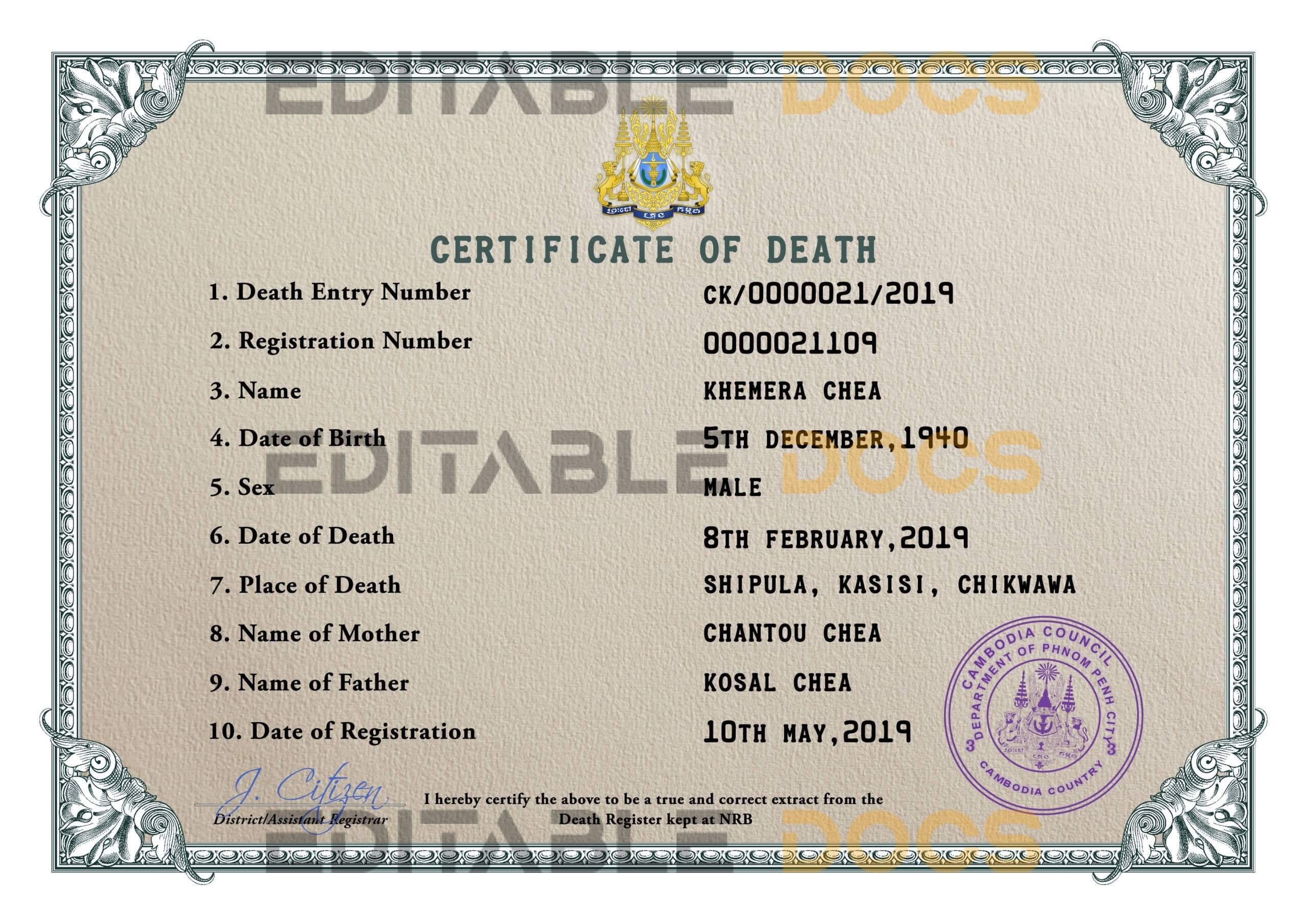 Cambodia vital record death certificate PSD template