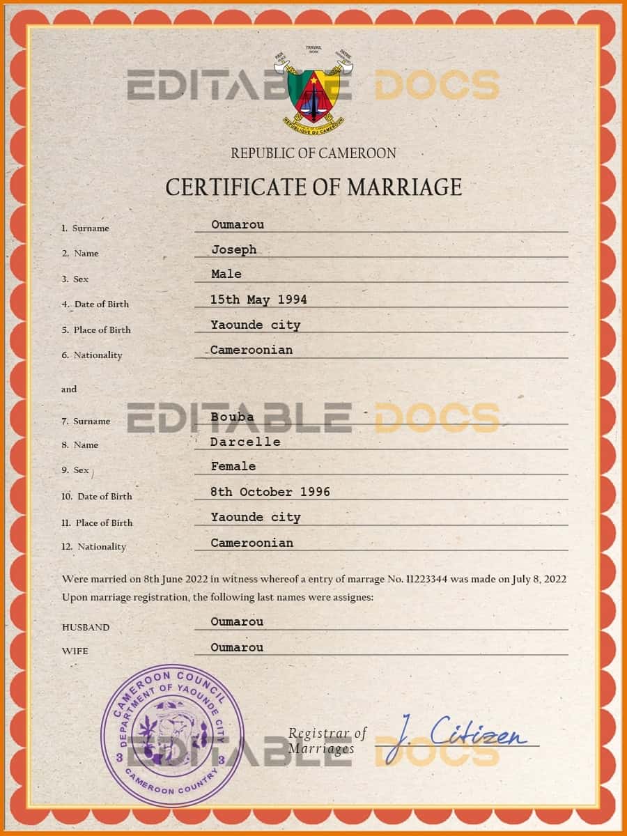 Cameroon Marriage Certificate Editable PSD Templates