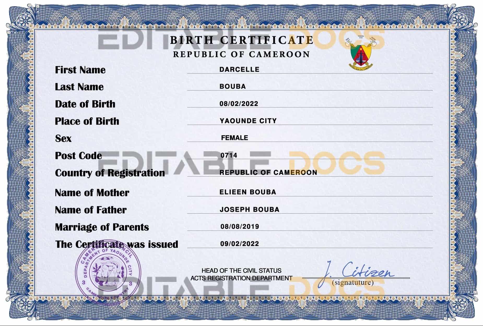 Cameroon vital record birth certificate PSD template Cameroon vital record birth certificate PSD template