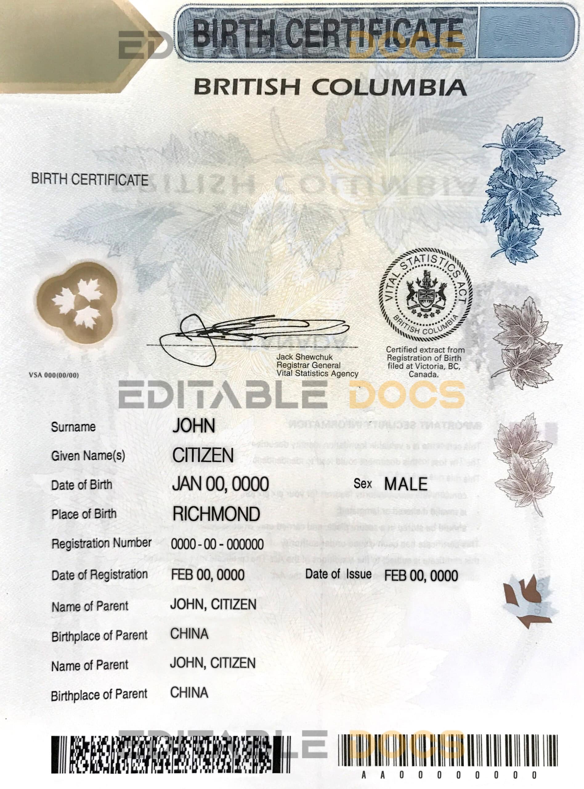 Canada British Columbia Birth Certificate template in PSD format Canada British Columbia Birth Certificate template in PSD format
