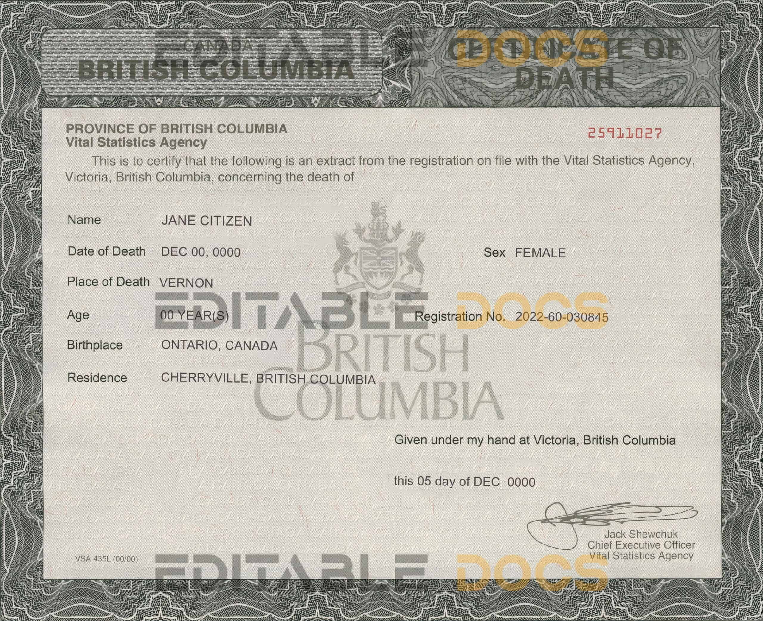Canada British Columbia death certificate template in PSD format Canada British Columbia death certificate template in PSD format