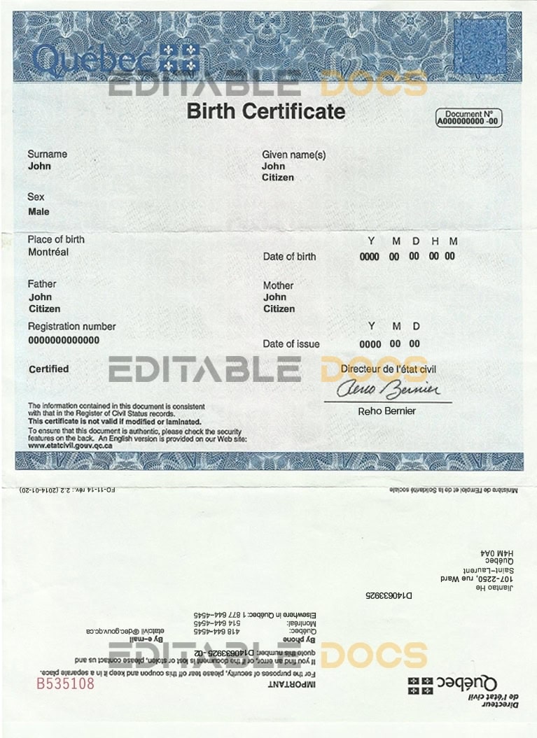 Canada Quebec Birth Certificate template in PSD format Canada Quebec Birth Certificate template in PSD format