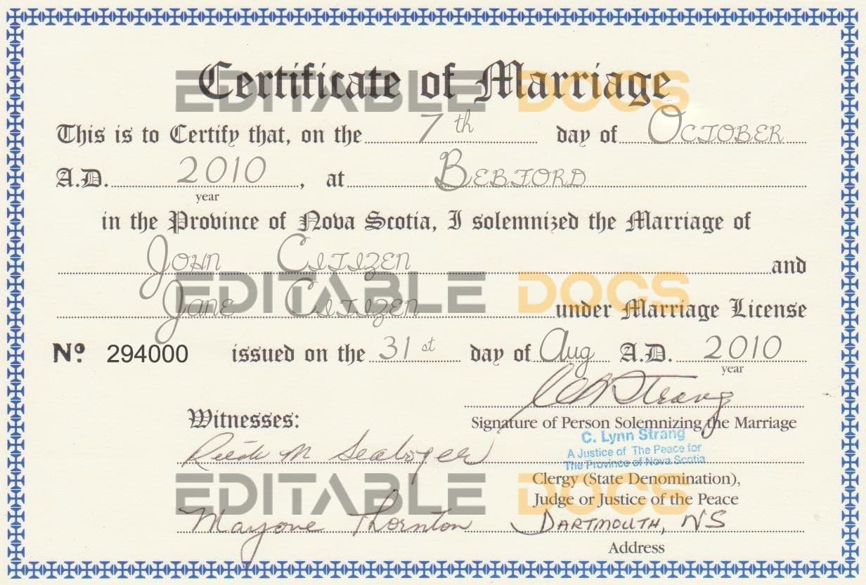 Canada province nova scotia Marriage Certificate Editable PSD Templates