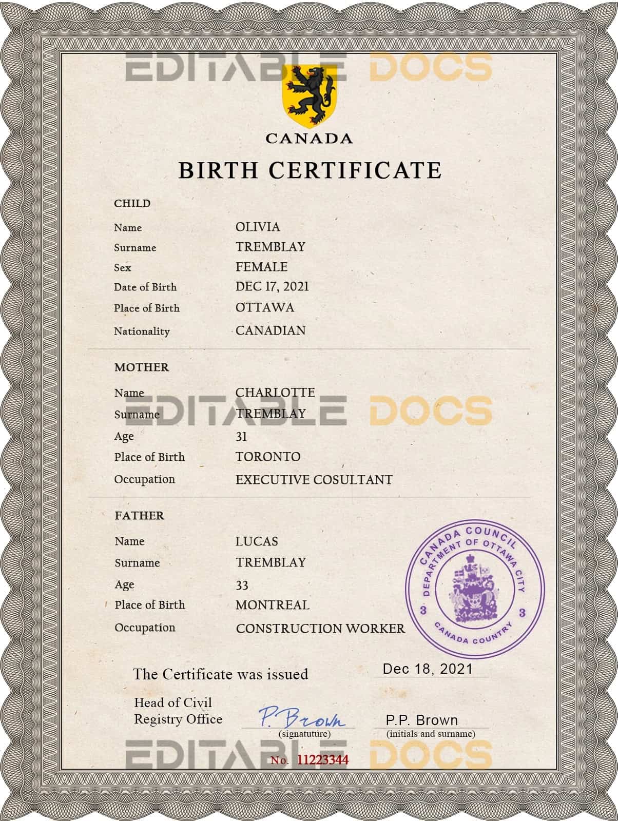 Canada vital record birth certificate PSD template Authentic Canada Birth Certificate Template | Customize and Download Online