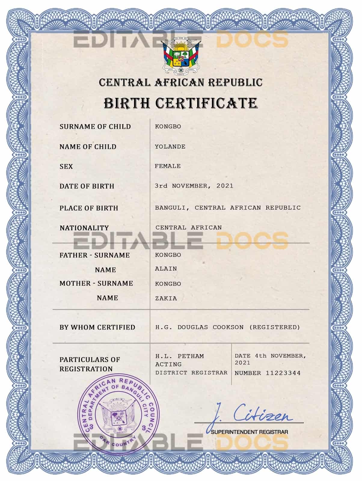 Central African Republic birth certificate PSD template Authentic Central African Republic Birth Certificate Template | Customize and Download Online