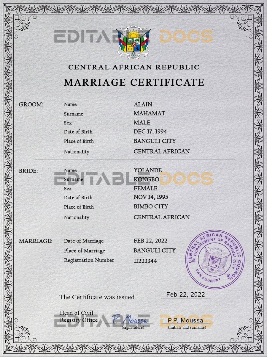 Central African Republic marriage certificate PSD template