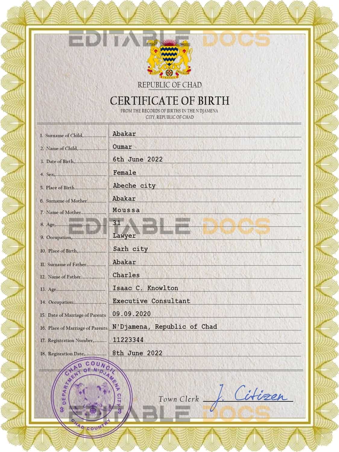 Chad-vital-record-birth-certificate-PSD-template-fully-editable.jpg Chad vital record birth certificate PSD template