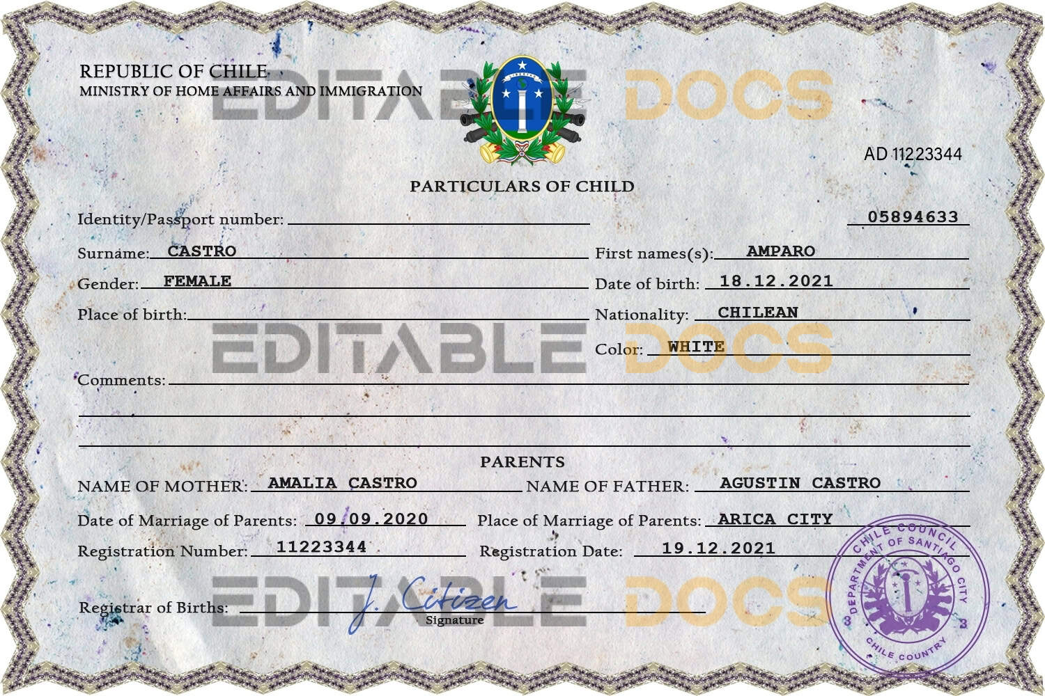Chile vital record birth certificate PSD template Authentic Chile Birth Certificate Template | Customize and Download Online