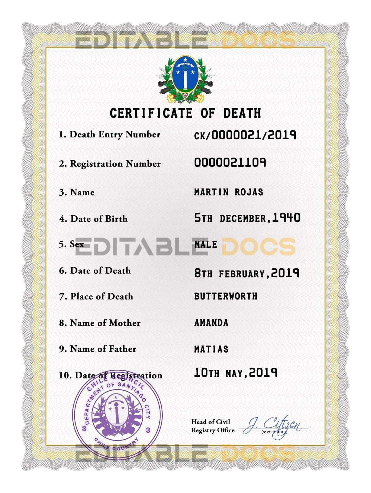 Chile vital record death certificate PSD template