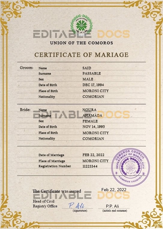 Comoros Marriage Certificate Editable PSD Templates Comoros Marriage Certificate Editable PSD Templates