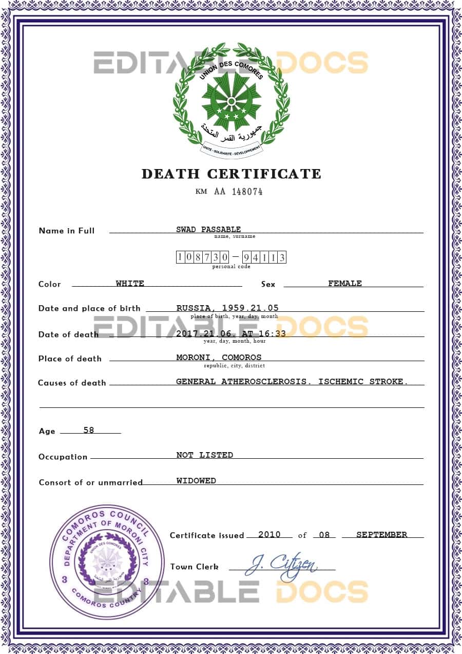 Comoros death certificate PSD template