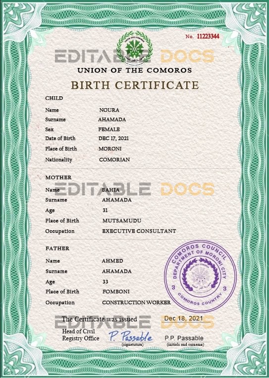Comoros vital record birth certificate PSD template Authentic Comoros Birth Certificate Template | Customize and Download Online