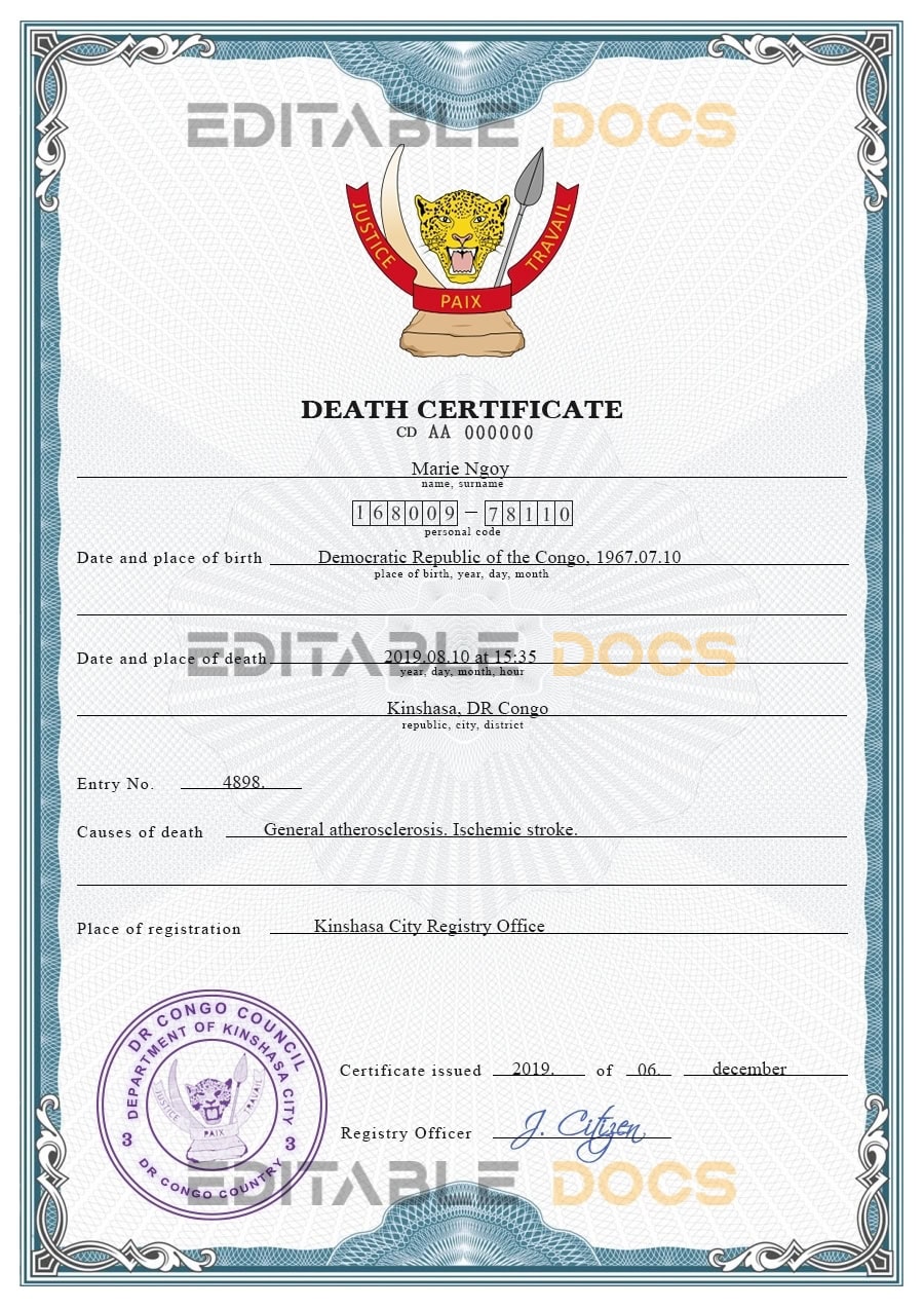 Congo (Democratic Republic of the Congo) vital record death certificate PSD template