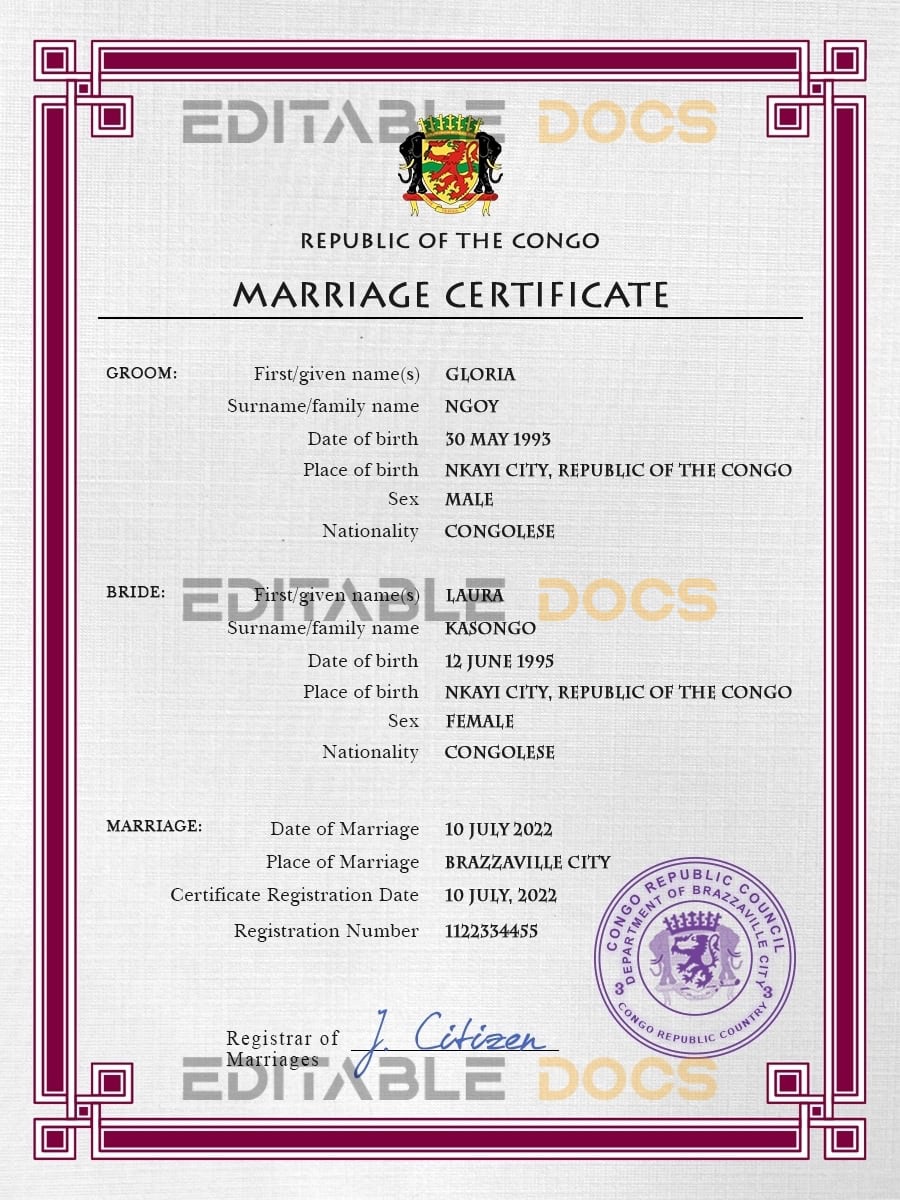 Congo Marriage Certificate Editable PSD Templates