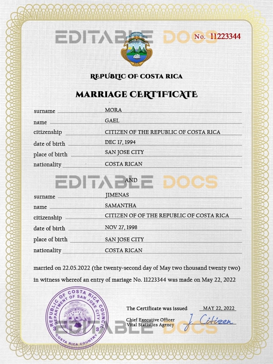 Costa Rica Marriage Certificate Editable PSD Templates Costa Rica Marriage Certificate Editable PSD Templates