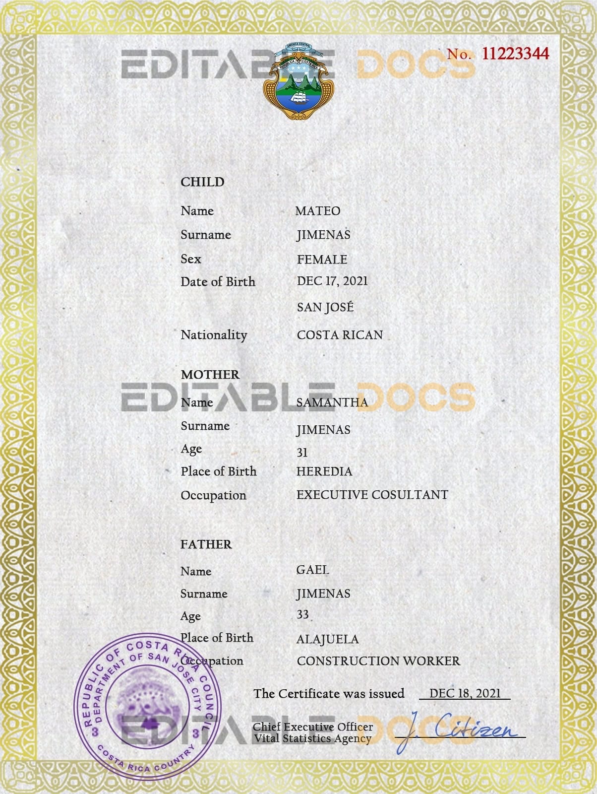 Costa Rica birth certificate PSD template
