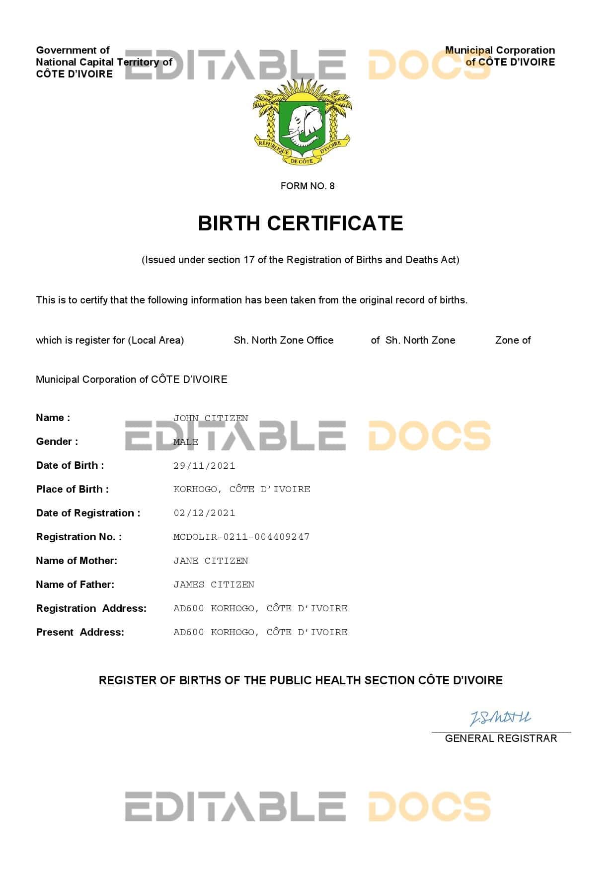 Cote-dIvuare-birth-certificate.jpg Cote d’Ivoire vital record birth certificate Word and PDF template