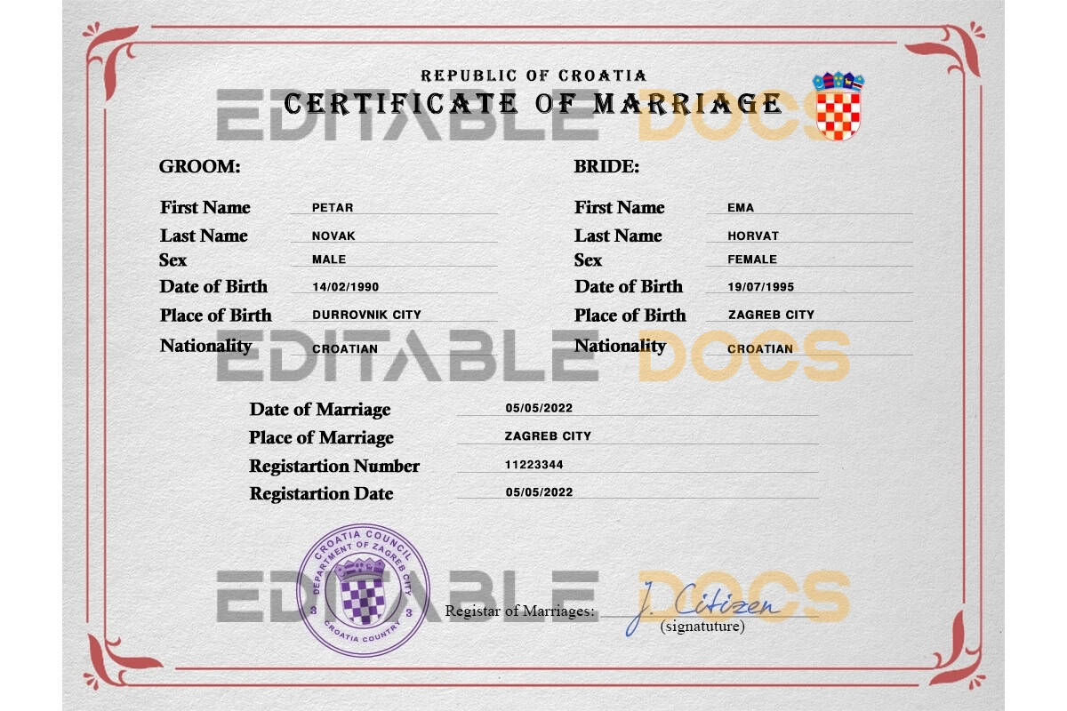 Croatia Marriage Certificate Editable PSD Templates
