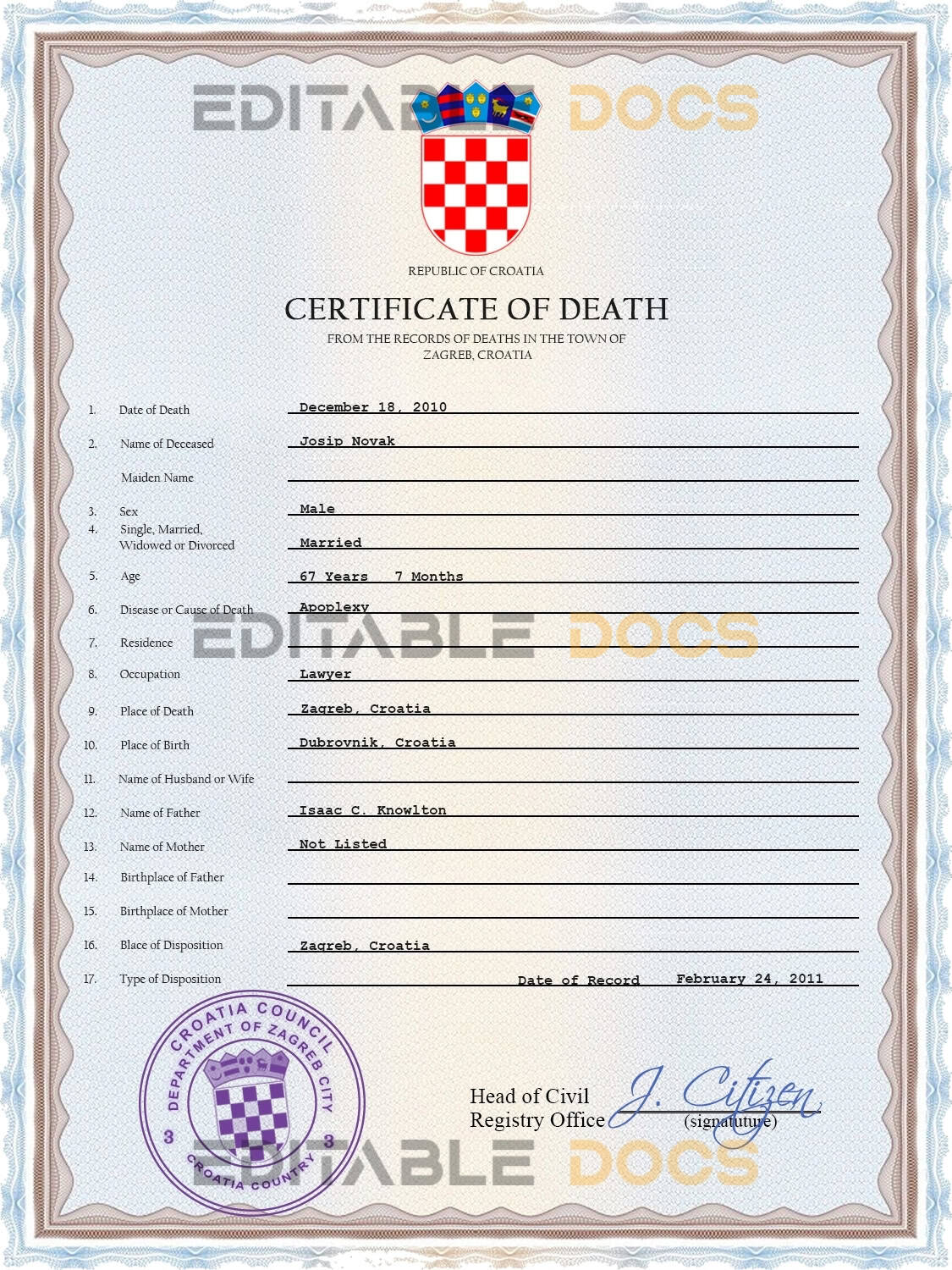 Customizable Croatia Death Certificate PSD Templates Instant Download Customizable Croatia Death Certificate PSD Templates Instant Download
