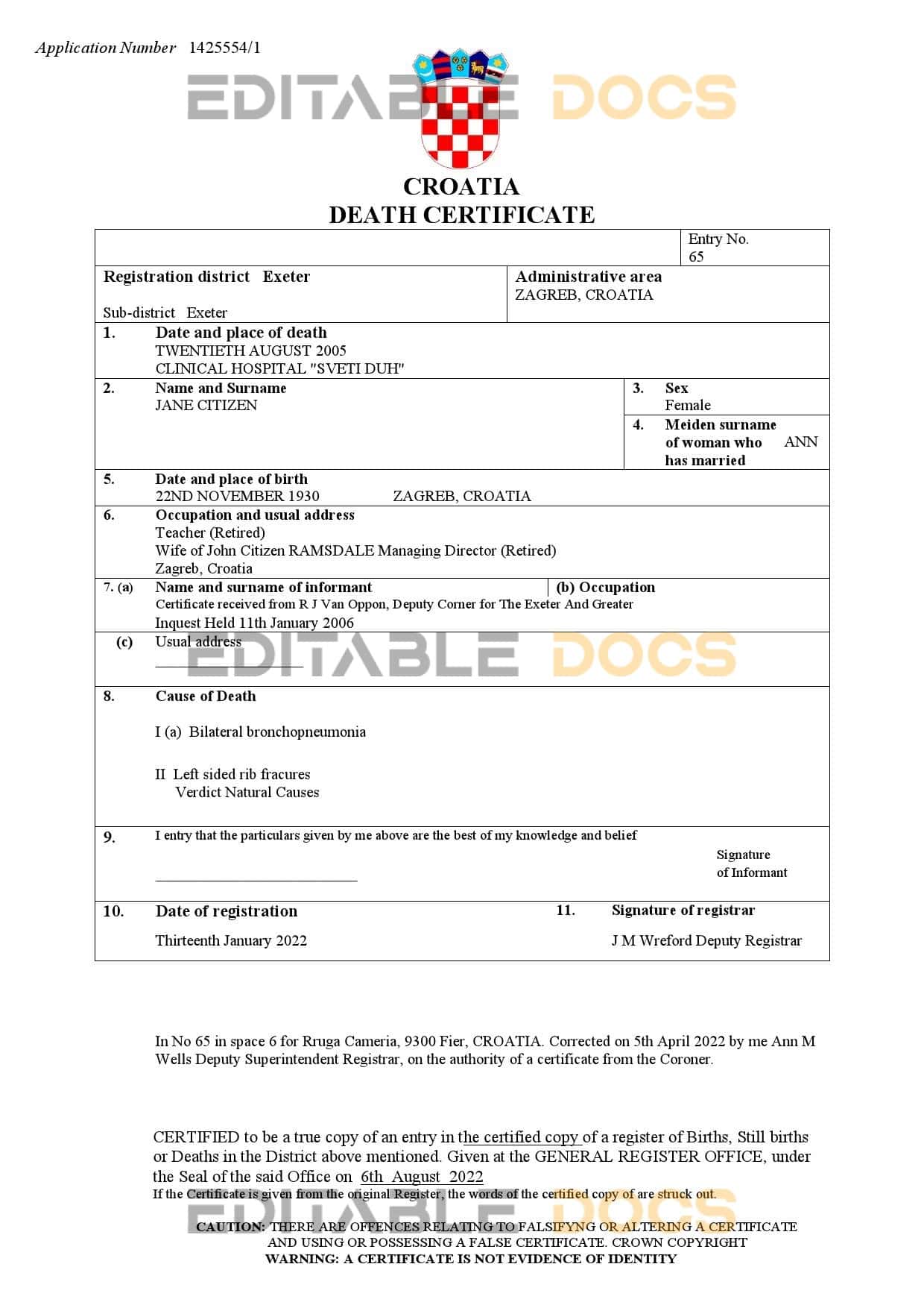 Croatia vital record death certificate Word and PDF template Croatia vital record death certificate Word and PDF template