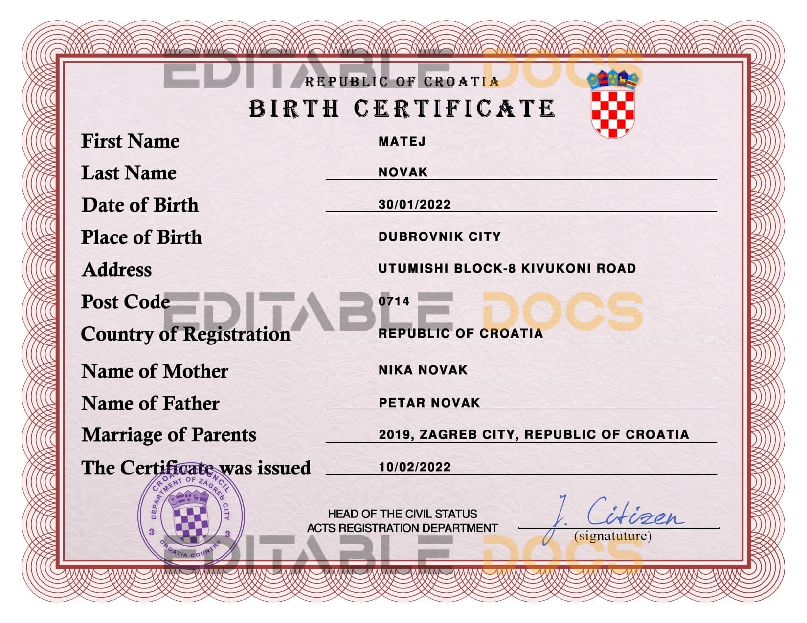 Croatia vital record birth certificate PSD template Croatia vital record birth certificate PSD template
