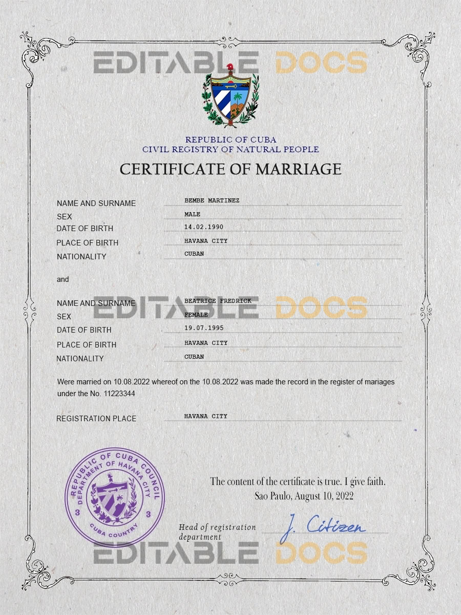 Cuba Marriage Certificate Editable PSD Templates