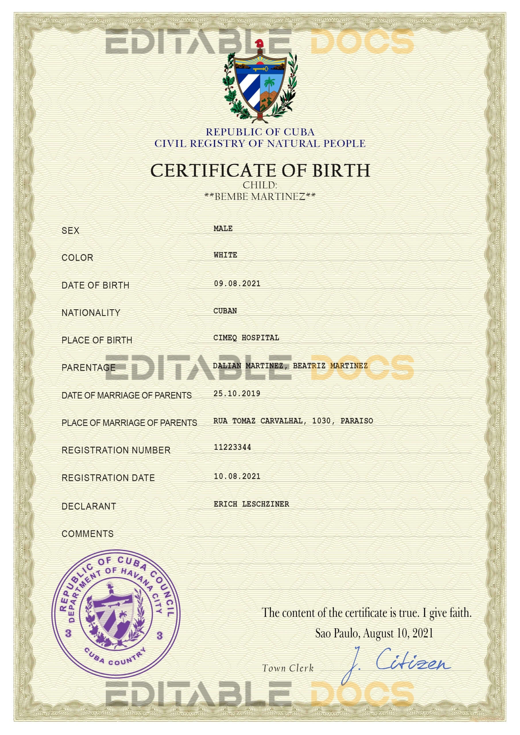 Cuba vital record birth certificate PSD template Authentic Cuba Birth Certificate Template | Customize and Download Online