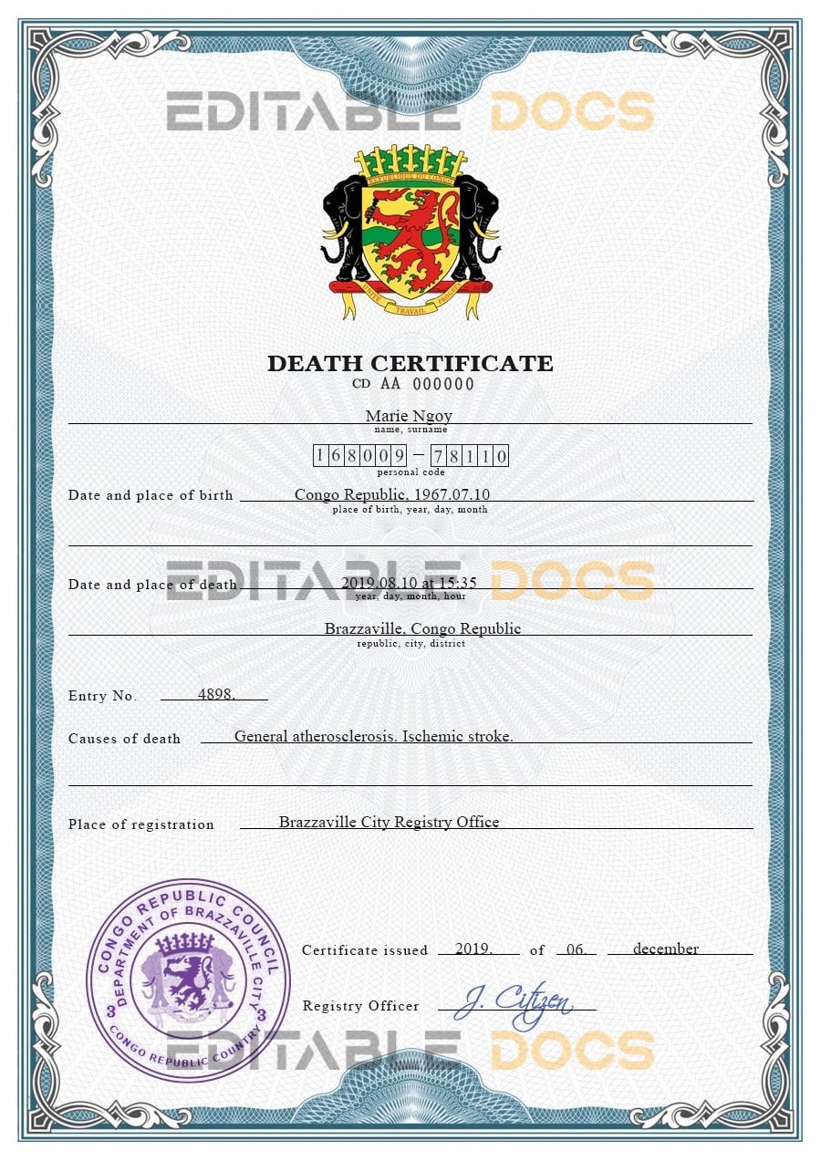 Congo vital record death certificate PSD template Congo vital record death certificate PSD template