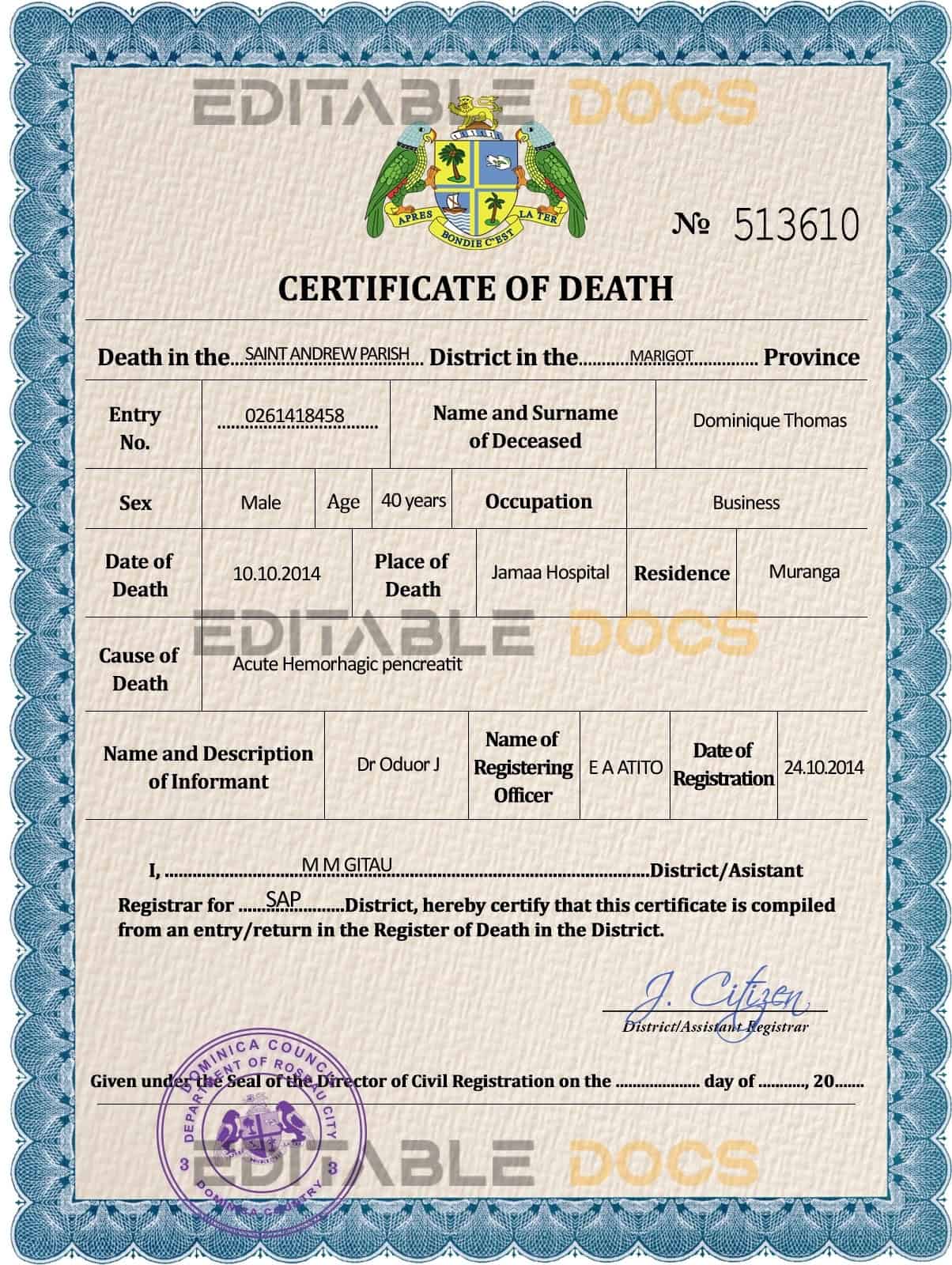 Dominica vital record death certificate PSD template