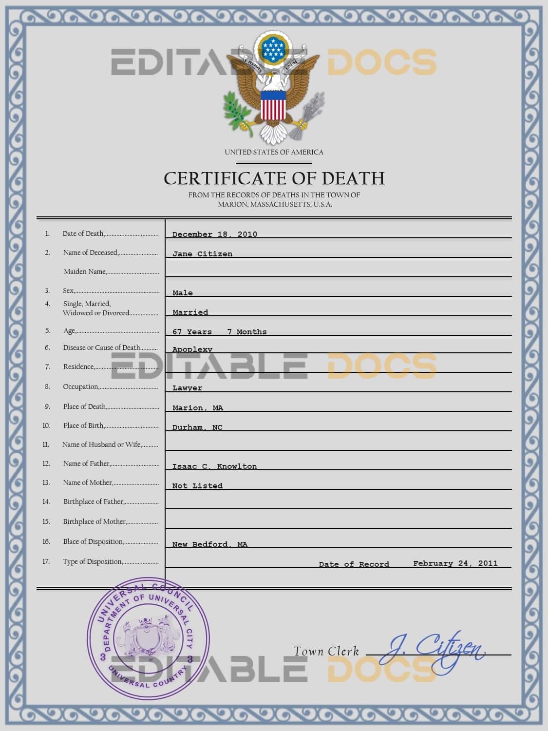 Customizable Dynamic Vital Record Universal Death Certificate PSD Templates