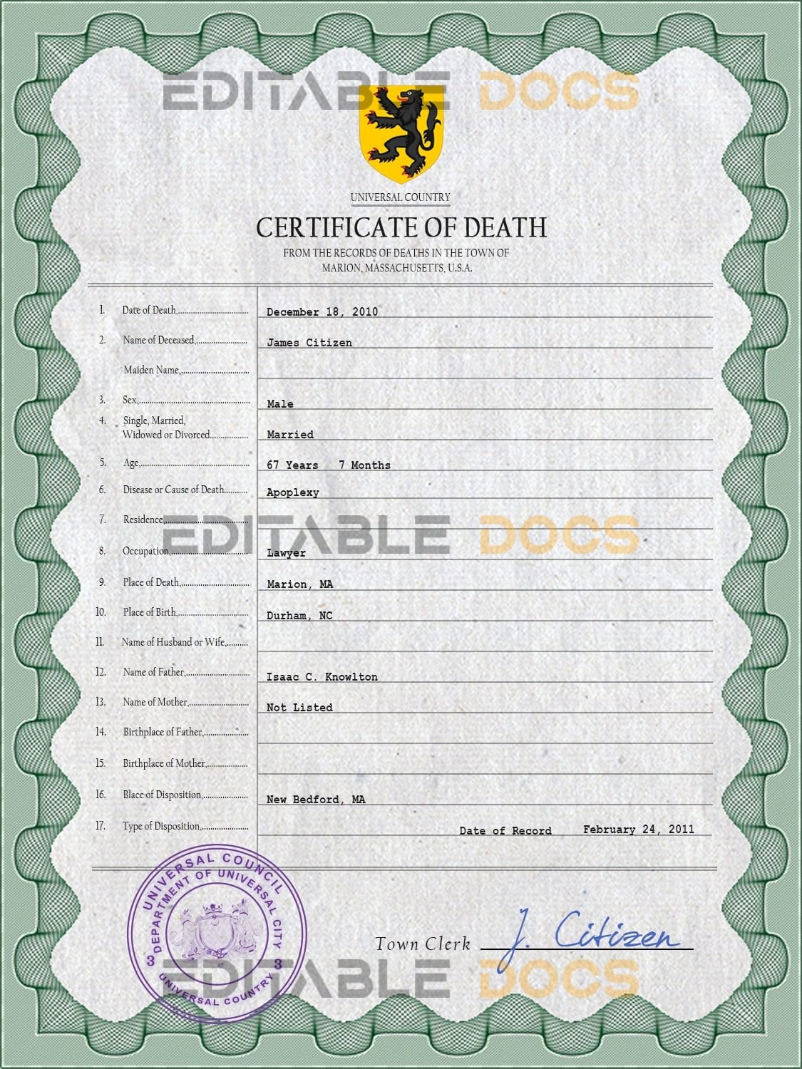 Customizable Flight Universal Death Certificate PSD Templates