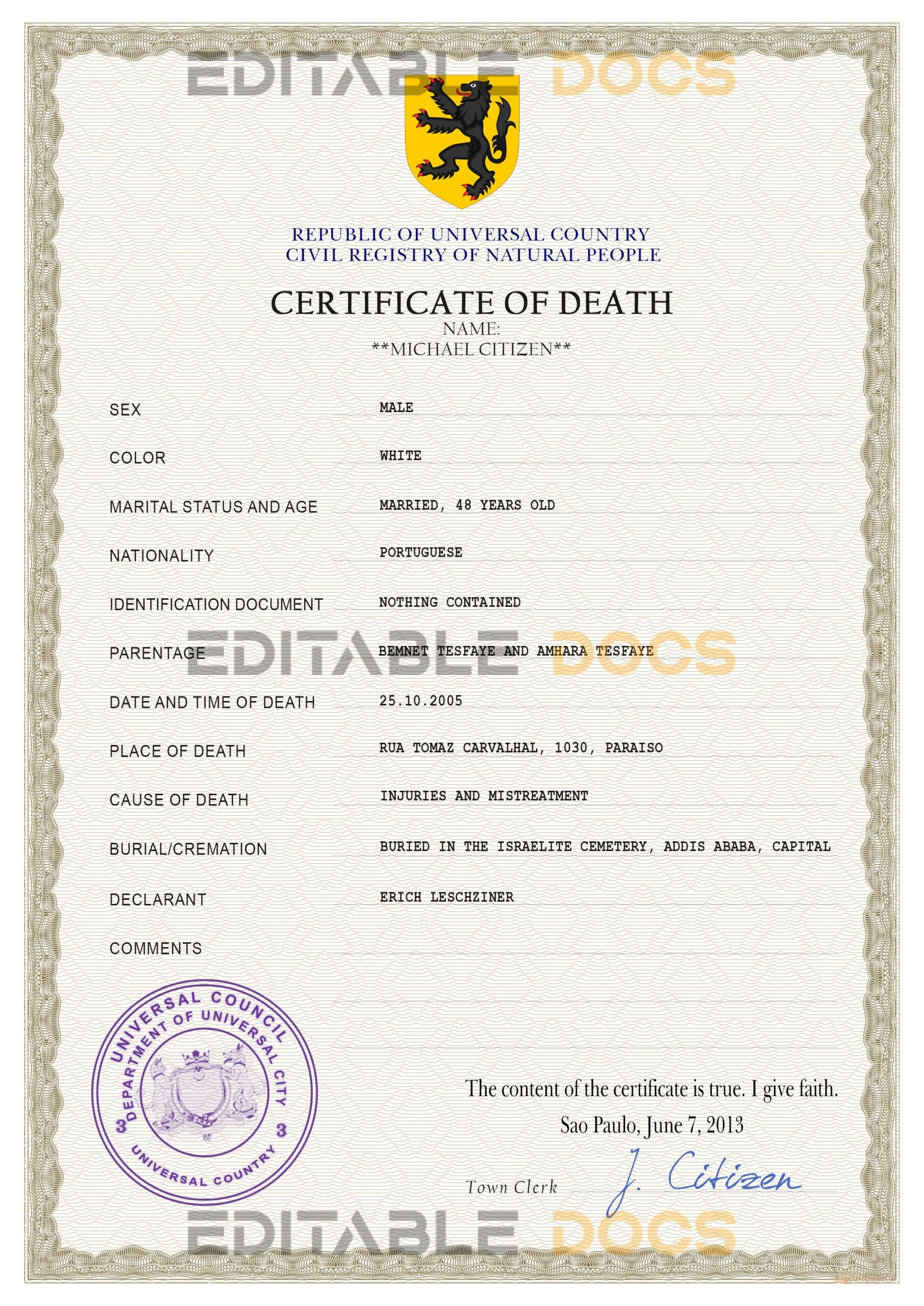 Customizable Trust Vital Record Universal Death Certificate PSD Templates