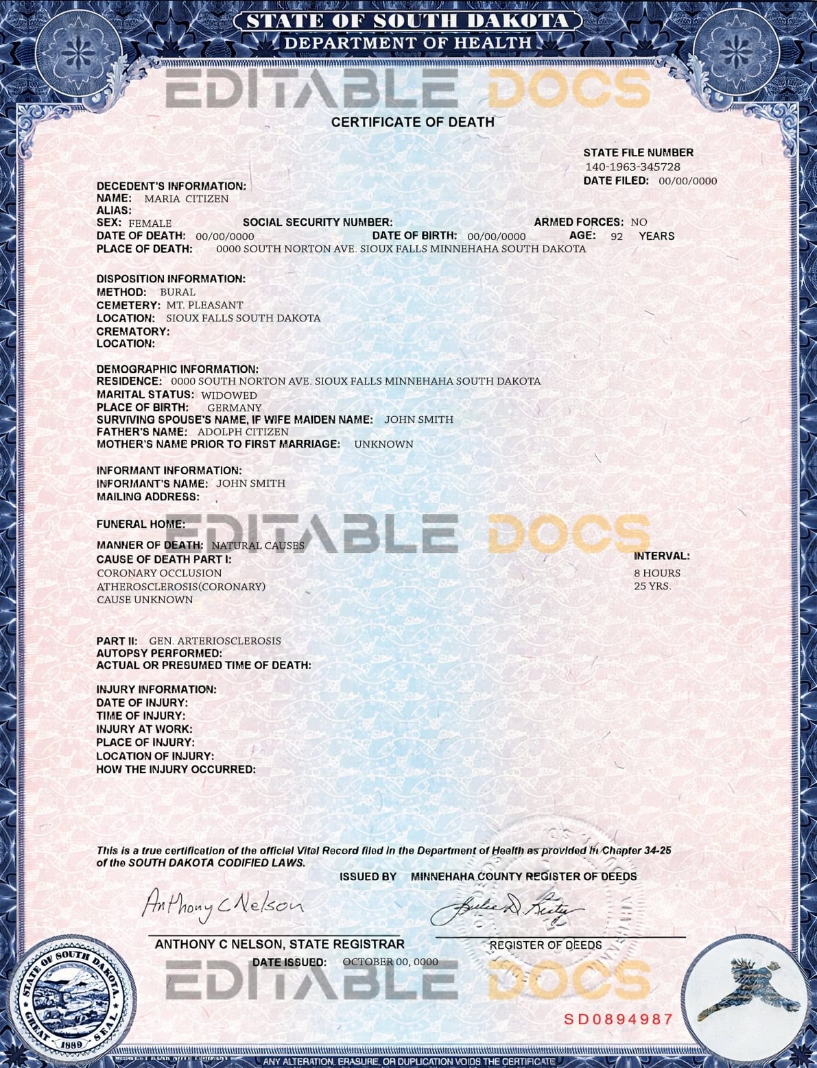 USA South Dakota state death certificate template in PSD format