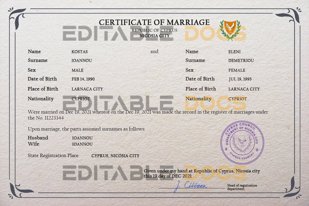 Cyprus Marriage Certificate Editable PSD Templates