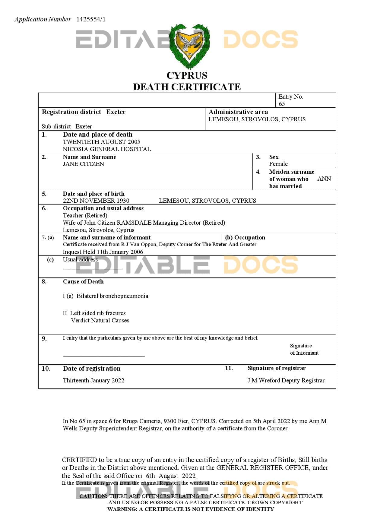 Cyprus vital record death certificate Word and PDF template Cyprus vital record death certificate Word and PDF template