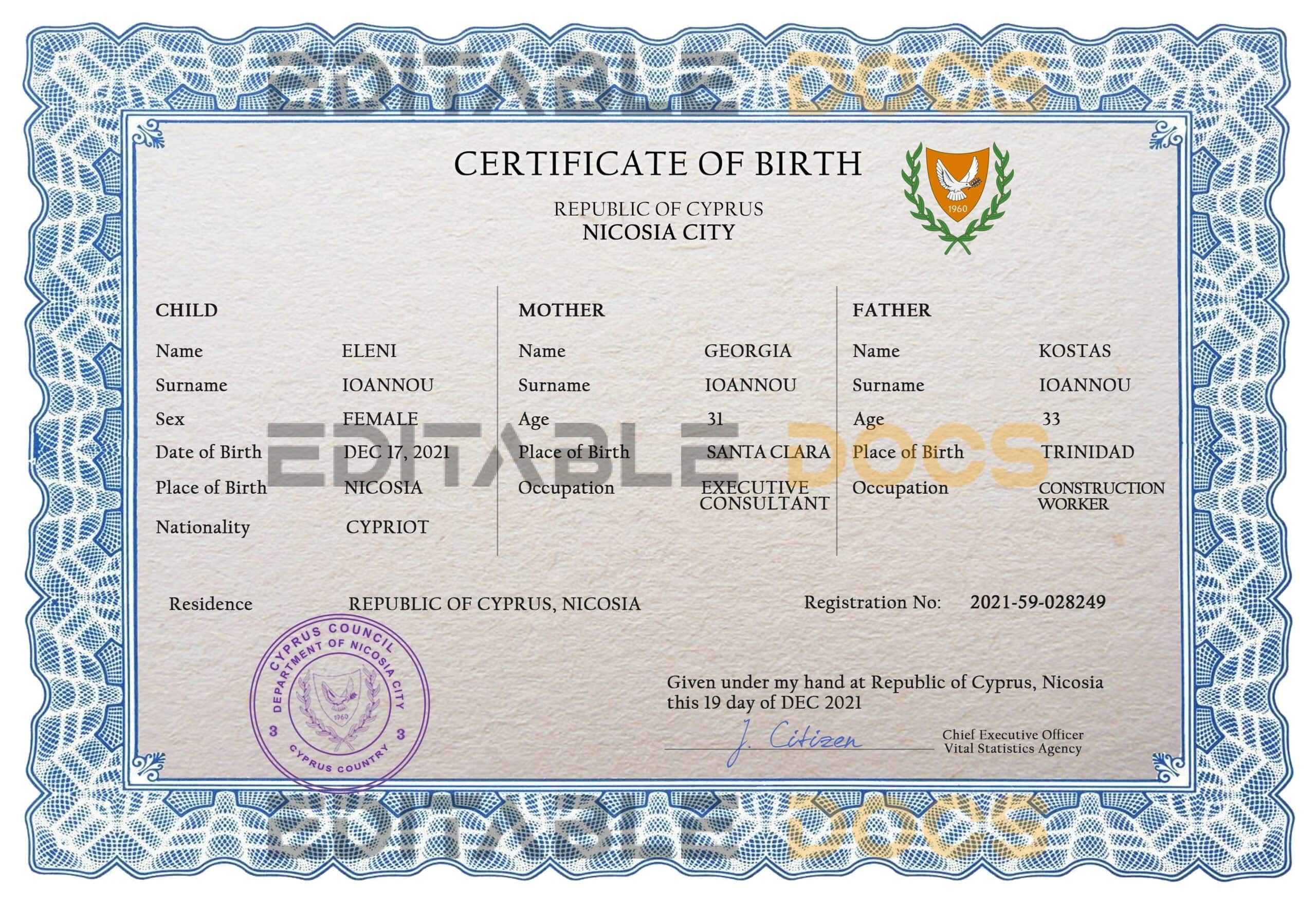 Cyprus vital record birth certificate PSD template