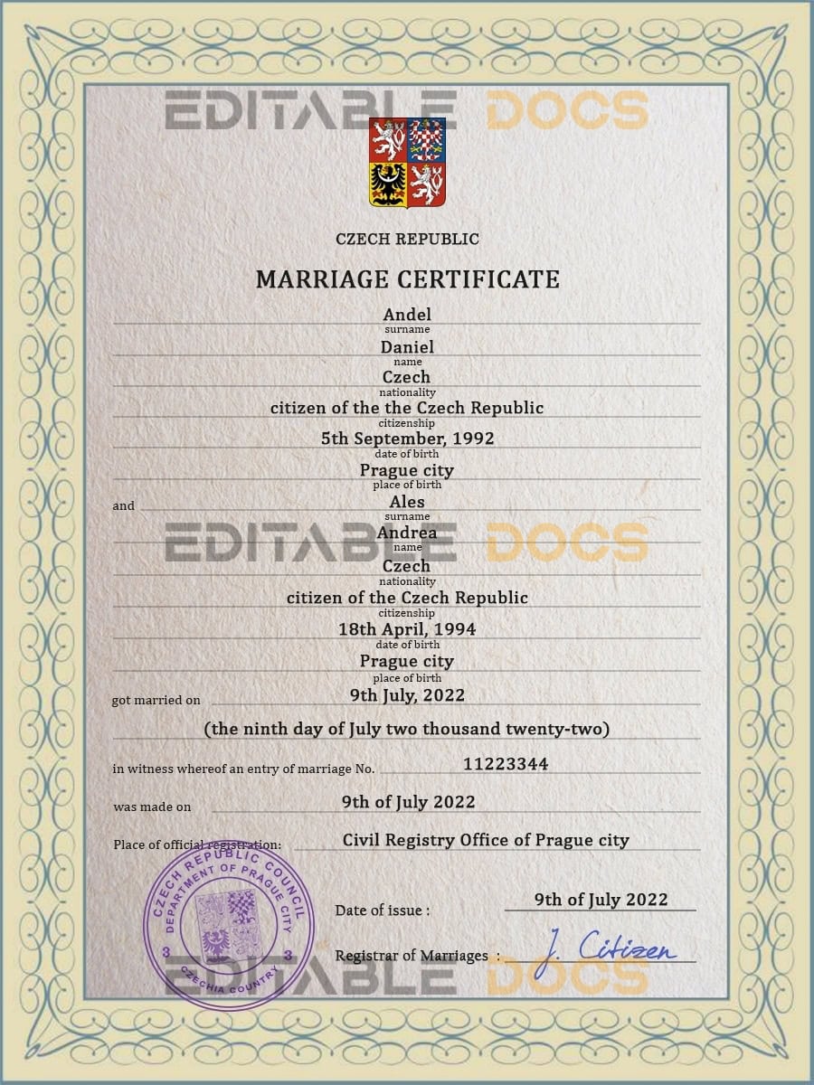 Czech Republic Marriage Certificate Editable PSD Templates Czech Republic Marriage Certificate Editable PSD Templates