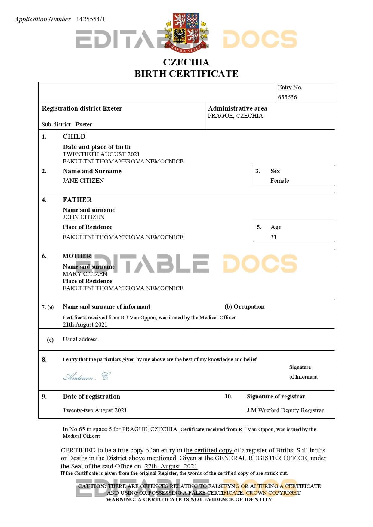 Czechia-birth-certificate-1.jpg Czechia vital record birth certificate Word and PDF template