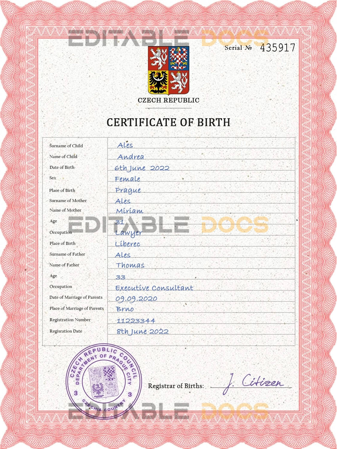 Czechia vital record birth certificate PSD template Authentic Czechia Birth Certificate Template | Customize and Download Online