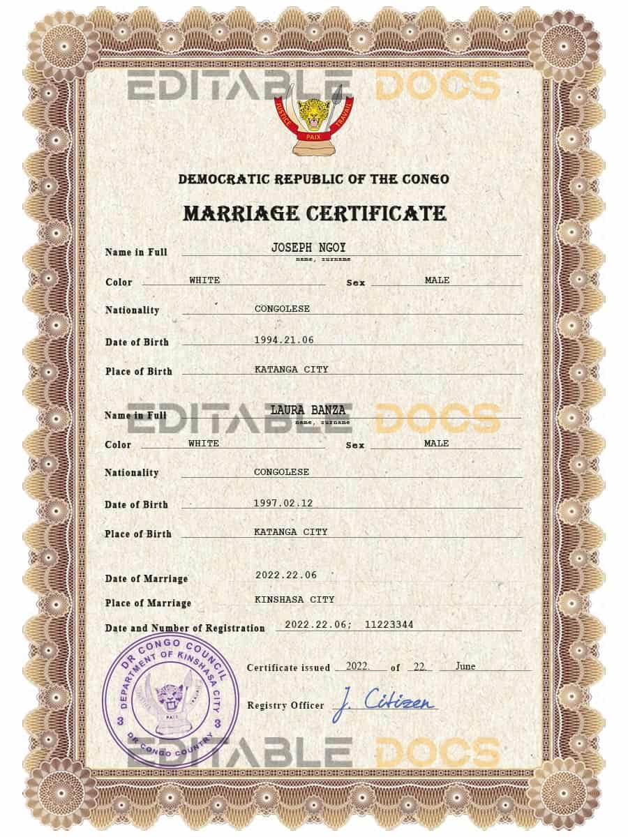 Democratic Republic of the Congo Marriage Certificate Editable PSD Templates