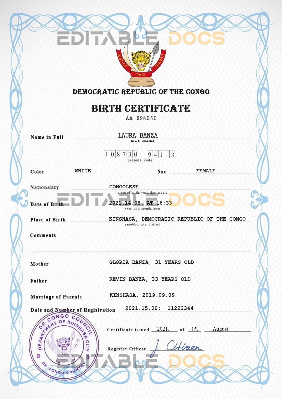 Democratic Republic of the Congo vital record birth certificate PSD template Authentic Democratic Republic of the Congo Birth Certificate Template | Customize and Download Online