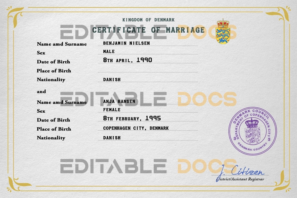 Denmark Marriage Certificate