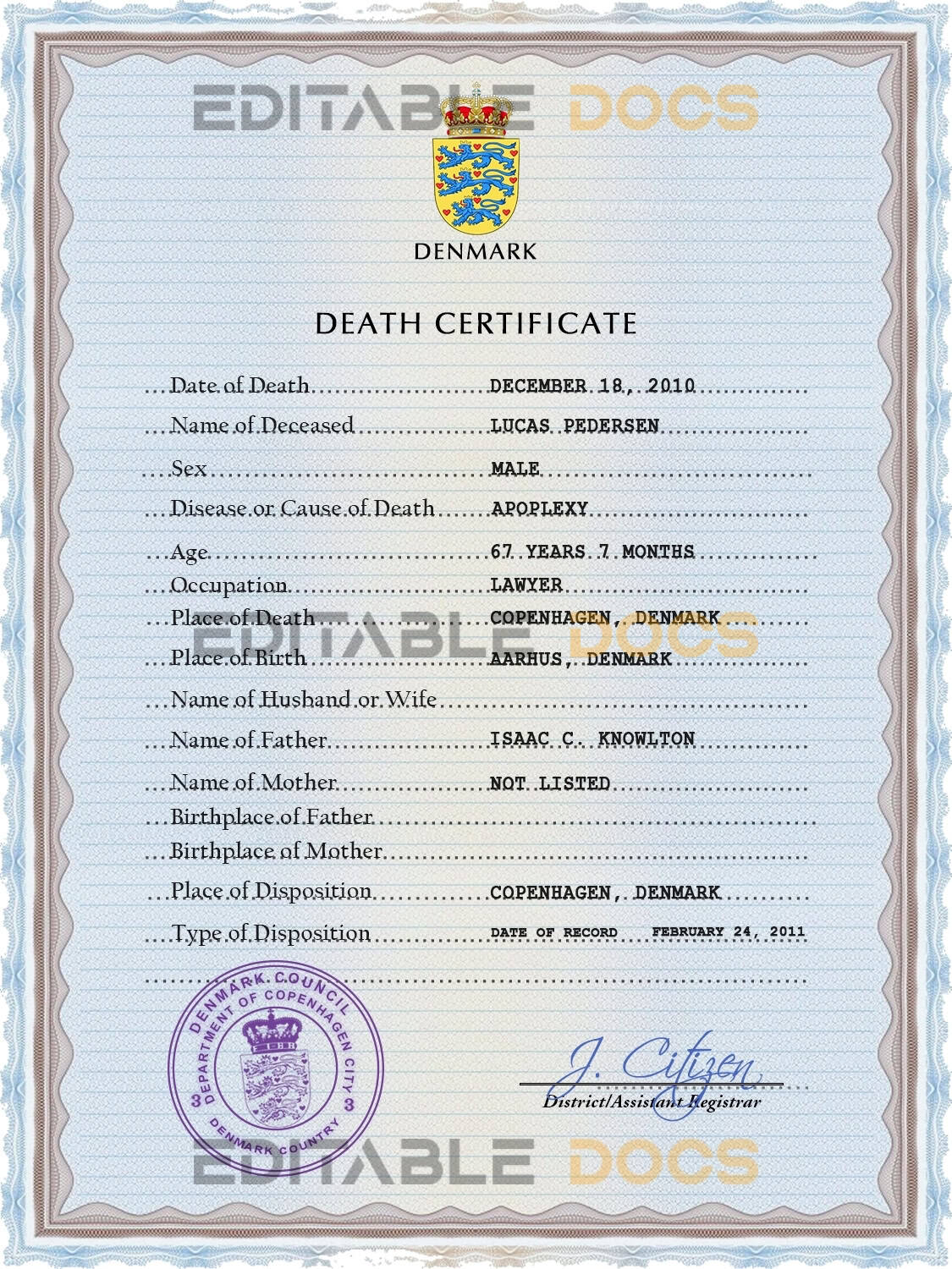 Denmark-vital-record-death-certificate-PSD-template-fully-editable.jpg Denmark vital record death certificate PSD template