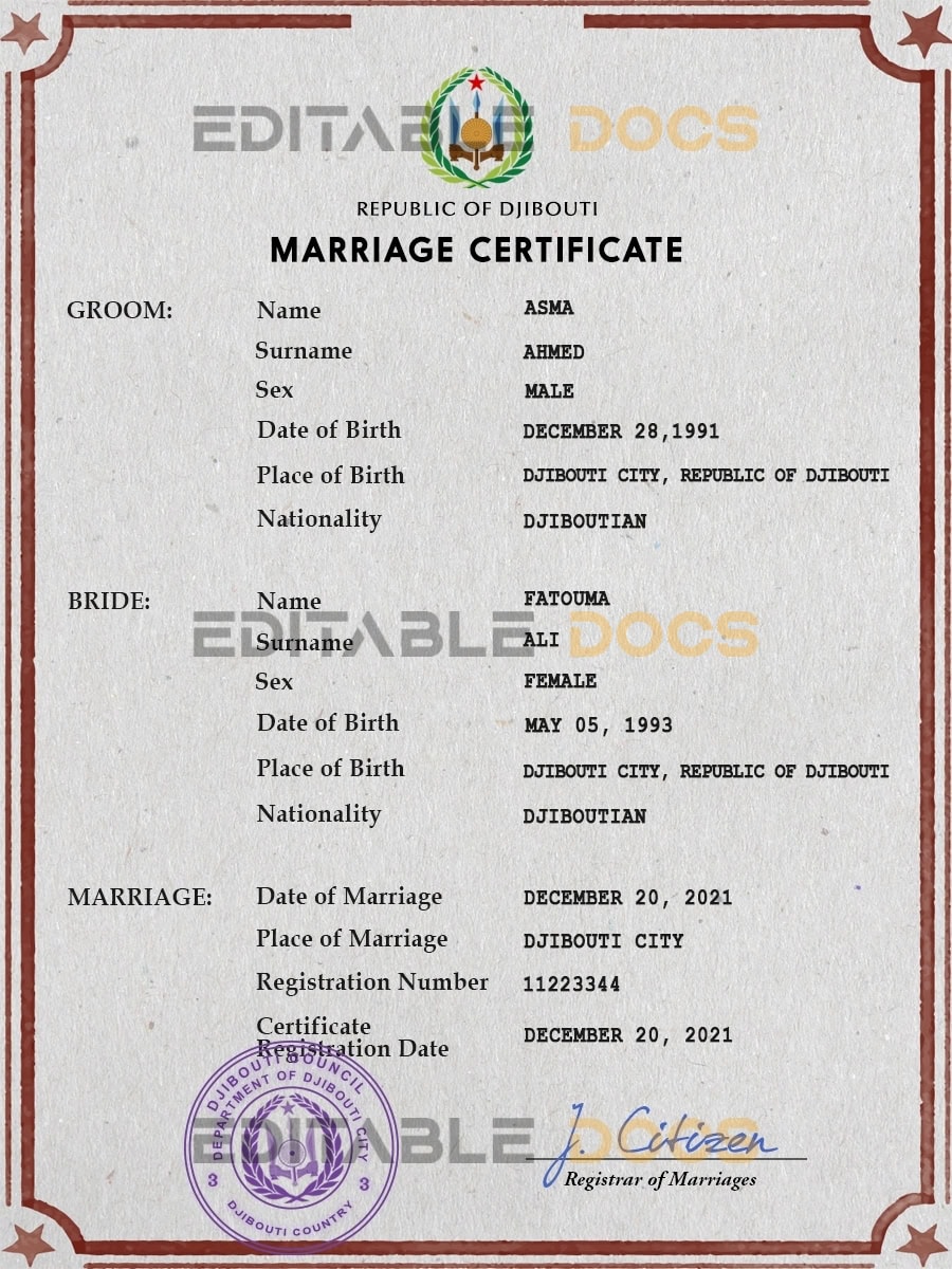 Djibouti Marriage Certificate Editable PSD Templates
